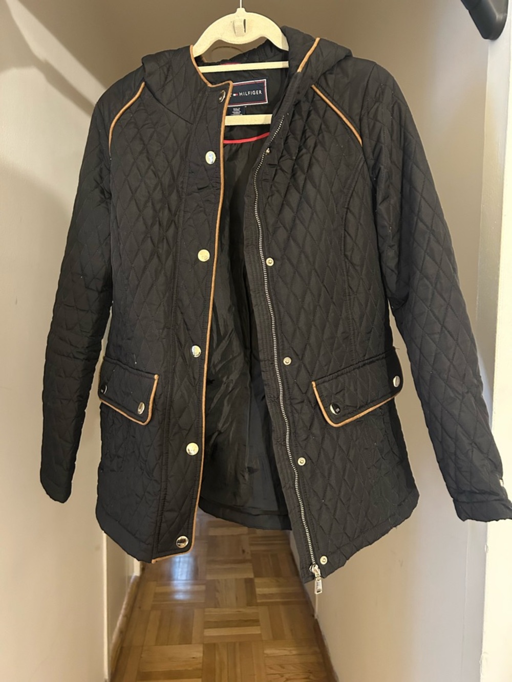 Tommy Hilfiger Black Quilted Coat with Tan Trim and Red Piping